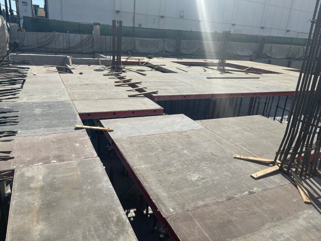 Formwork deck panels installed for upcoming concrete slab placement